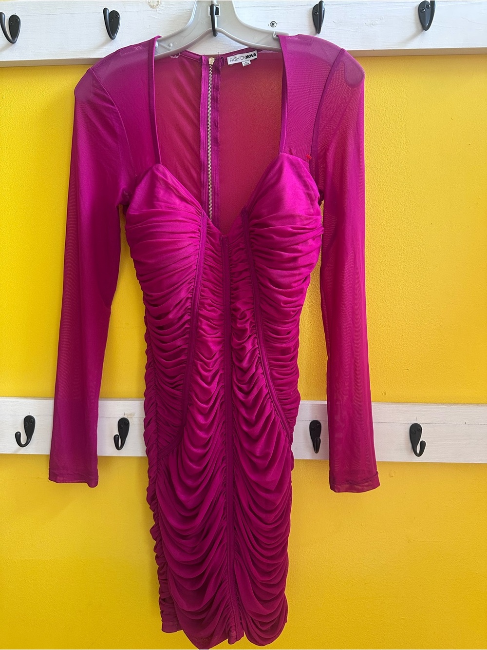 Fashion Nova Fuchsia Ruched Long Sleeve Mesh Bodycon Dress